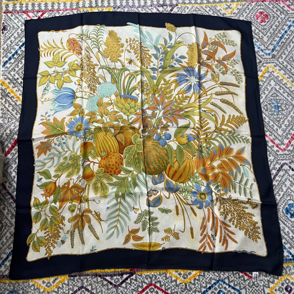 Salvatore Ferragamo Navy and Cream Silk Scarf